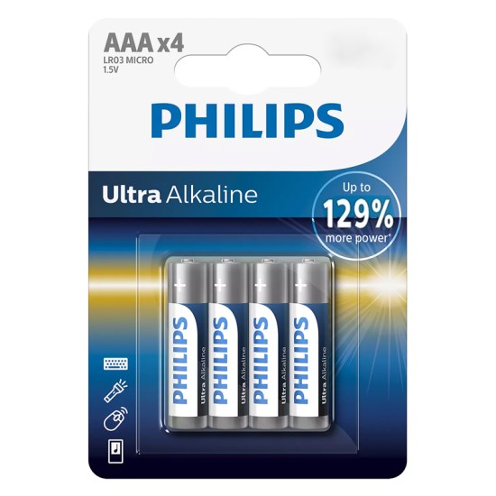 PHILIPS Ultra αλκαλικές μπαταρίες LR03E4B/10, AAA LR03 1.5V, 4τμχ