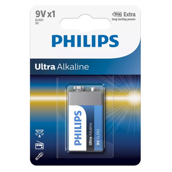 PHILIPS Ultra αλκαλική μπαταρία 6LR61E1B/10, 6LR61 9V, 1τμχ