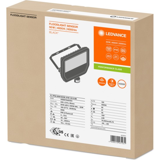 Osram FL PFM 4000 K SYM 100 S BK Στεγανός Προβολέας IP65 Ισχύος 50W με Αισθητήρα Κίνησης και Φυσικό Λευκό Φως